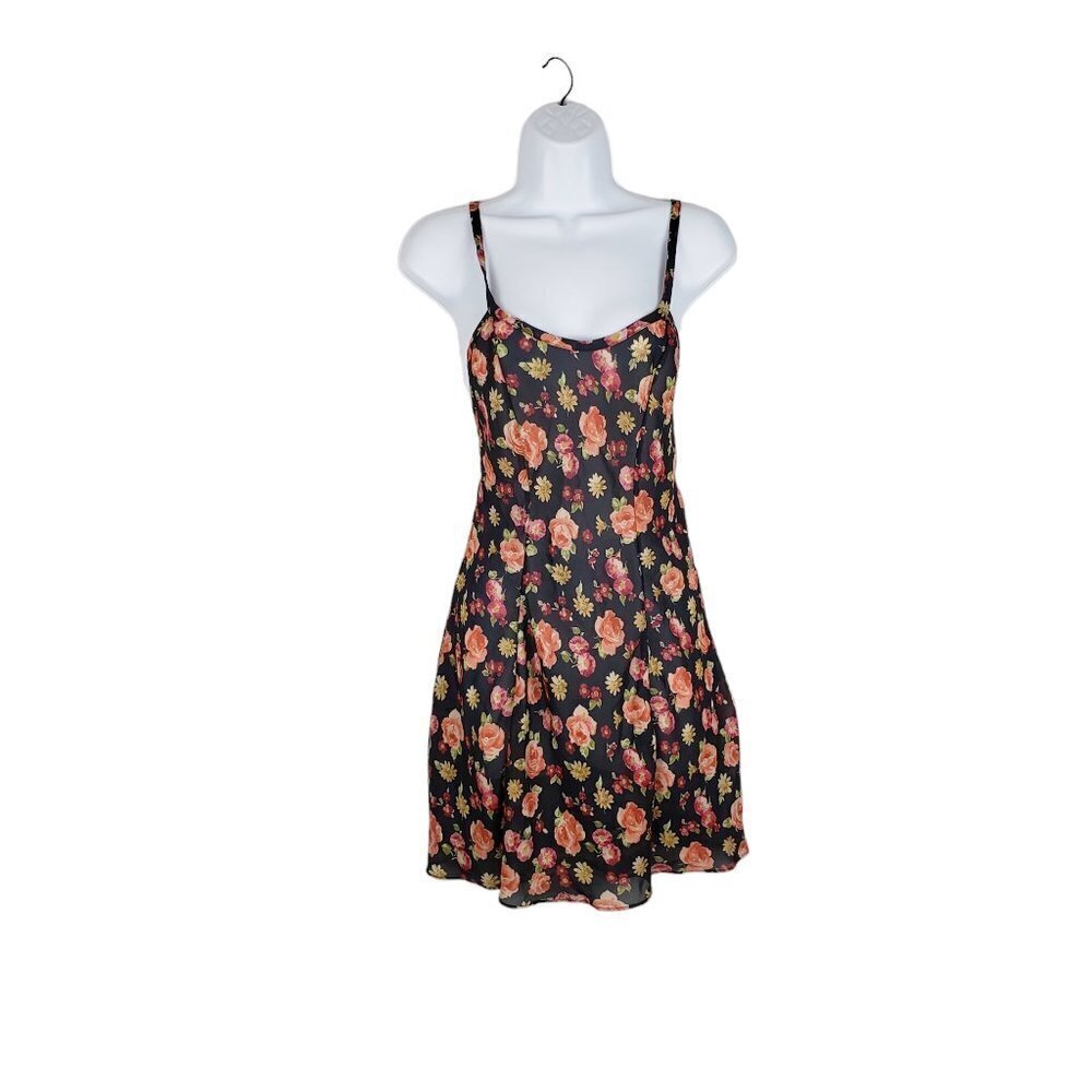 Vintage Victoria's Secret Gold Crown Low Back Slip Dress Black Floral Size XS